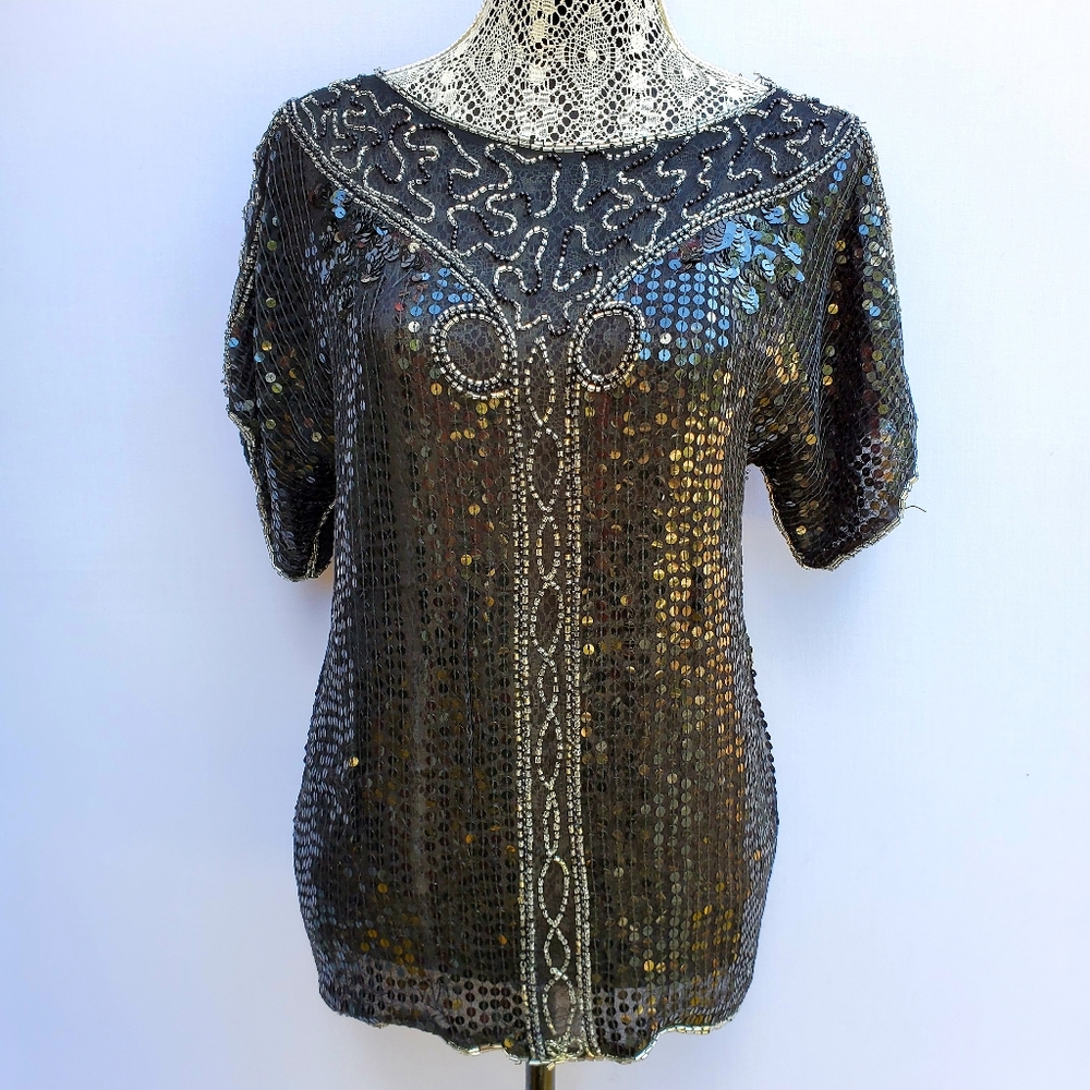 Vintage SILK sheer sequin and bead blouse